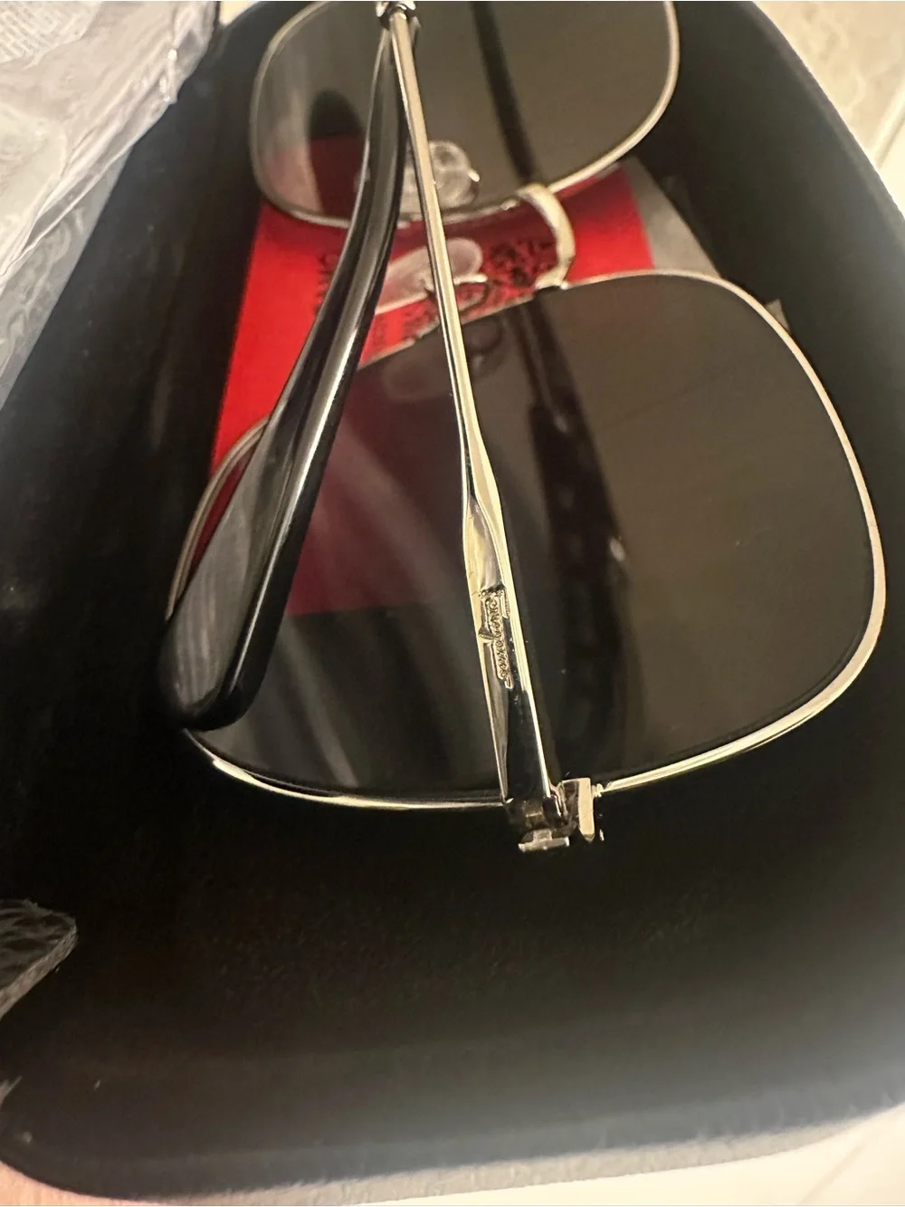 Salvatore Ferragamo Aviator Sunglasses New in Case Polished silver frame/blk len